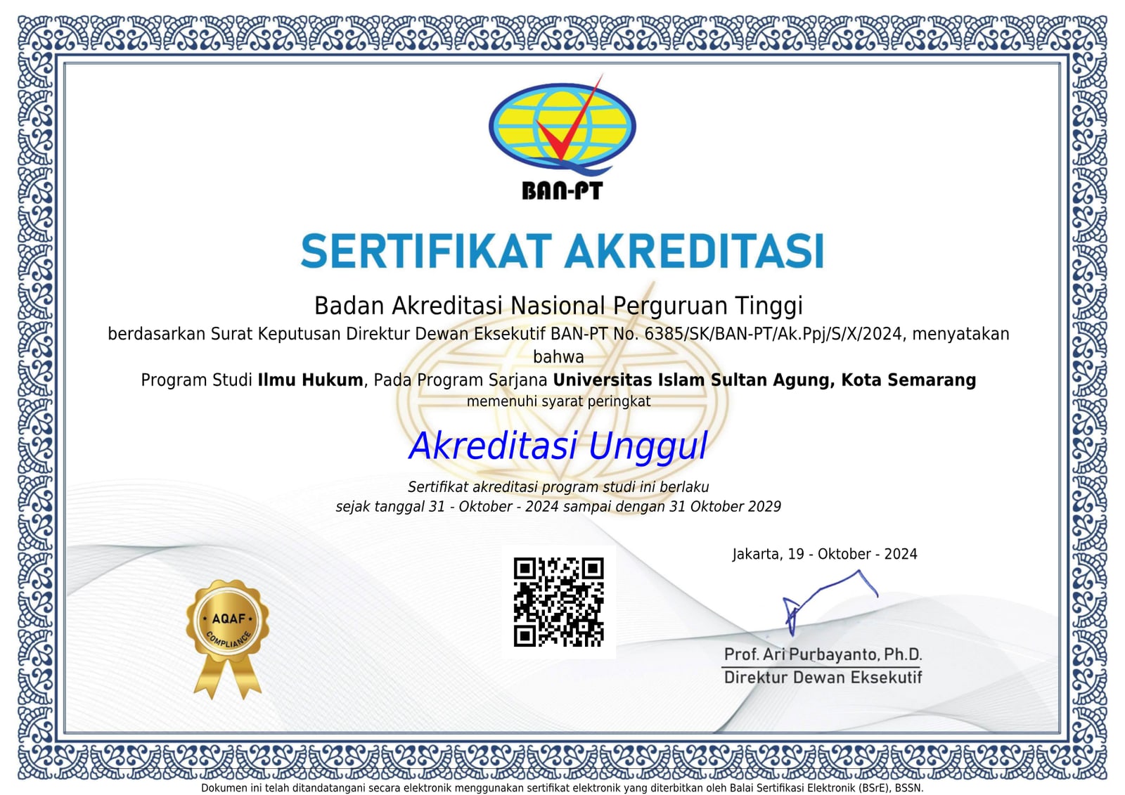 Sertifikat Akreditasi BAN-PT — Program Studi S1 Ilmu Hukum
